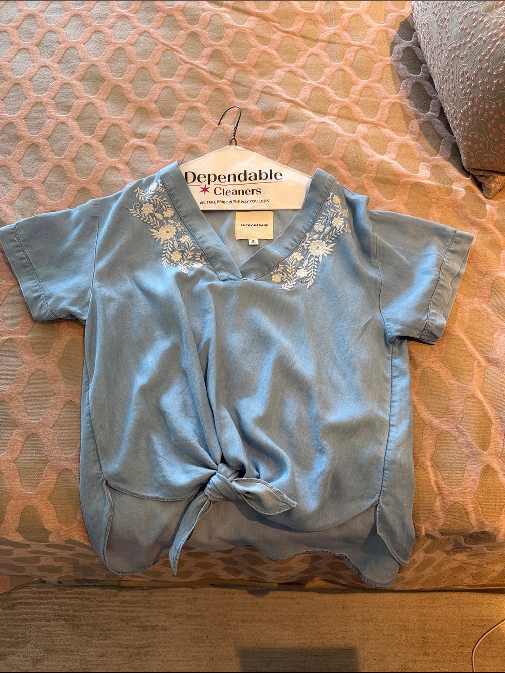 Lucky Brand Light Blue Short-Sleeve Embroidered Tie-Front Top